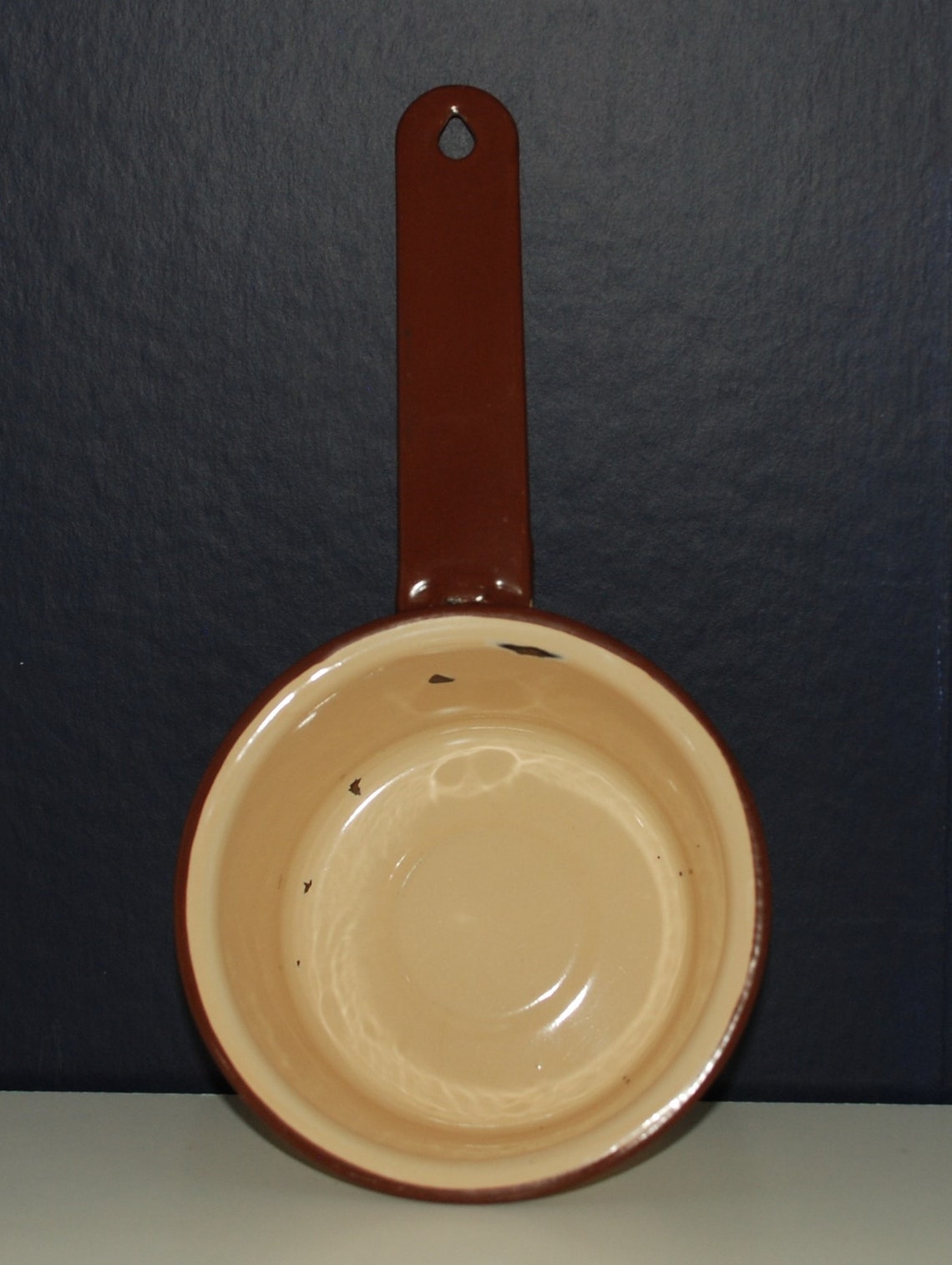 Vintage Tan Enamel Pot with Brown Handle and Trim Sauce Pan Etsy
