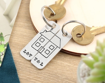 Personalised Pewter Matching Housewarming Keyrings: His and Hers First Home Gift for Couples