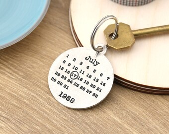 Personalised Anniversary Pewter Calendar Keyring: Tin Ten Years Keychain for Husband Wife