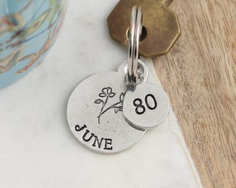 80th Birthday For Her Personalised Birth Flower Pewter Keyring: Gift for Mother Grandma Nana