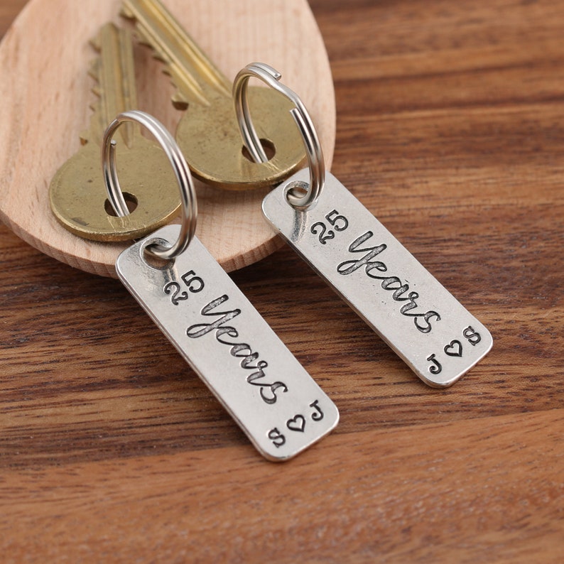 25th Silver Wedding Anniversary pair of personalised pewter matching key rings