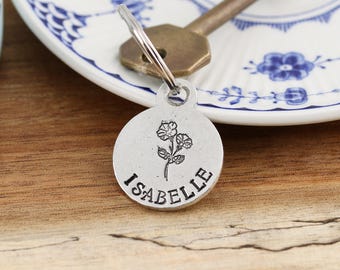 Personalised Birth Flower Pewter Keyring: Hand Stamped Floral Name Gift