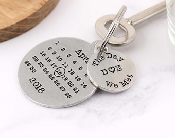 Personalised Anniversary Gift Pewter Calendar Keyring: The Day We Met, Romantic Valentine's Gift for Her Him