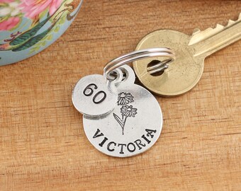 60th Birthday For Her Personalised Birth Flower Pewter Keyring: Gift for Mother Wife Sister
