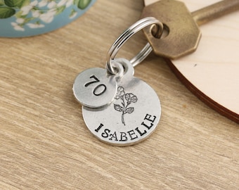 70th Birthday For Her Personalised Birth Flower Pewter Keyring: Gift for Mother Grandma Nana