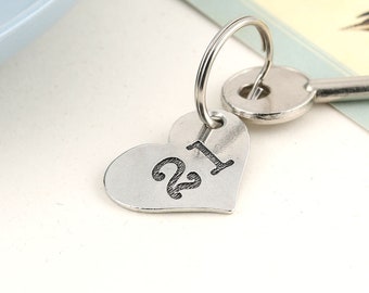 Pewter Birthday Number Pocket Heart Keyring, Handmade 21st 18th 30th 40th 50th Keepsake