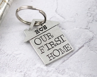 Personalised First Home Pewter Keyring, Housewarming Gift for Couples New House