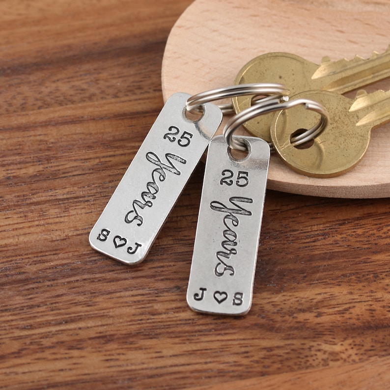 25th Silver Wedding Anniversary pair of personalised pewter matching key rings