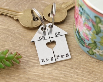 Housewarming Gift Personalised Pewter Matching Pair House Shaped Keyrings: Couples New Home