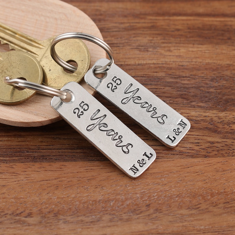 25th Silver Wedding Anniversary pair of personalised pewter matching key rings