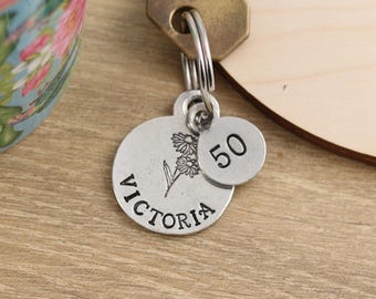 50th Birthday For Her Personalised Birth Flower Pewter Keyring: Name Gift for Mother Wife Sister