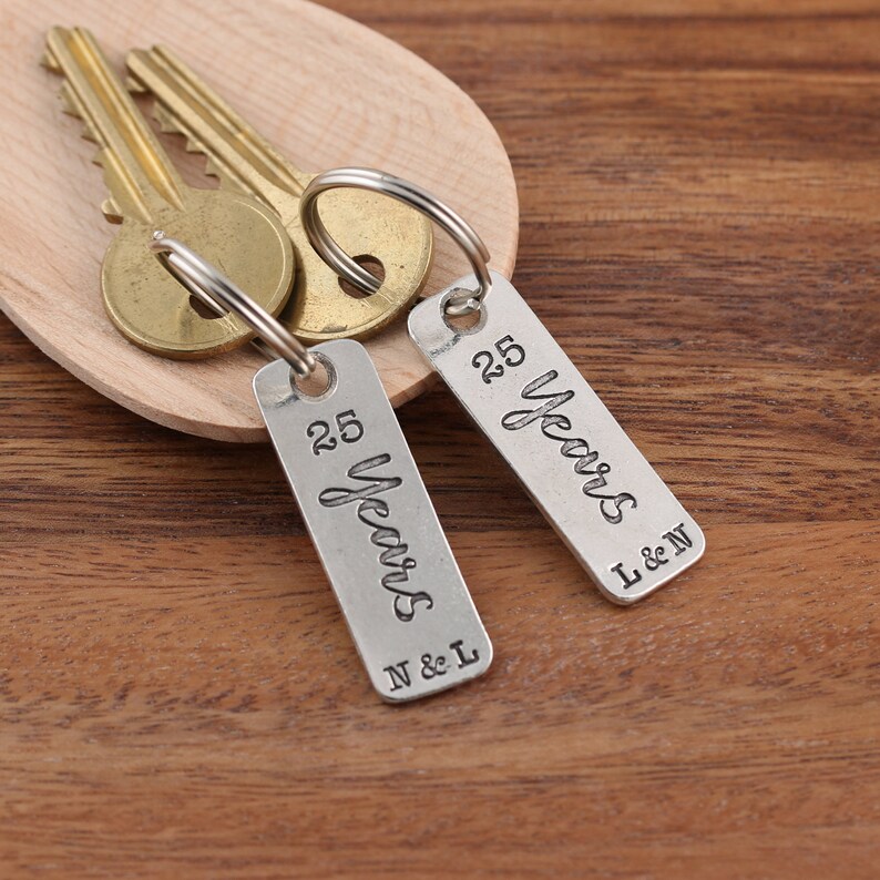 25th Silver Wedding Anniversary pair of personalised pewter matching key rings