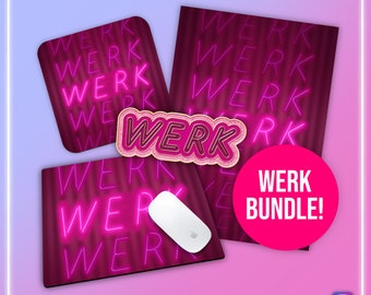 WERK Bundle - RuPaul’s Drag Race, Drag Race UK, Queer, Lgbt, Handmade, Colourful, LGBT, Catchphrase Coaster, Print, Pin Badge, Mousepad