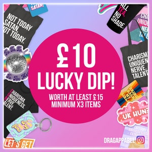 Drag Apparel Lucky Dip! Dragrace, dragqueen, mysterie, verrassing, geheim, cadeau, cadeau, cadeau, T-shirt, draagtas, onderzetter, sticker, geluksdip