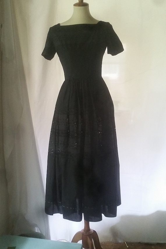 1950s Arkay black cotton eyelet dinner dress