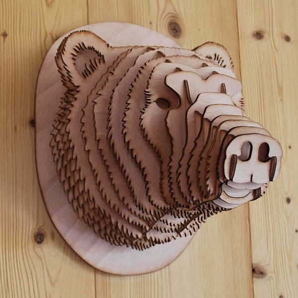 Tête d’ ours en bois, puzzle 3d, magnifique sculpture d’animaux en contreplaqué pour la décoration de votre mur, animal taxidermie.