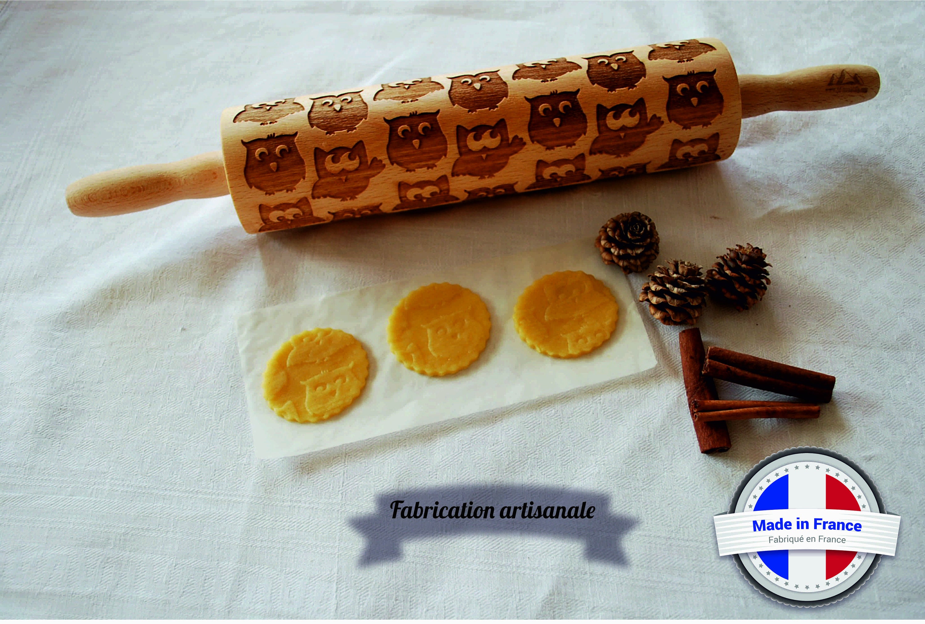Kawaii Forest Owl Rolling Pin, Cute Owl Biscuit Mold, Carved Wood