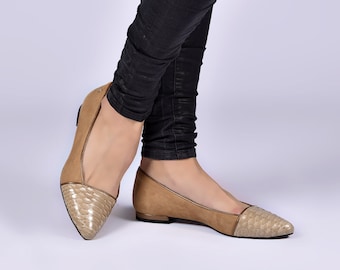 Suede Beige Ballerinas with Python, Leather Shoes, Leather Ballet Slippers,