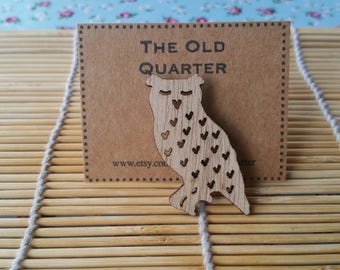 Owl Brooch,Owl Badge, Owl Jewellery, Retro Bird Brooch, Animal Badge, Lasercut wood, Woodland Design, Owl Gift, Gift for bird lover, Birds