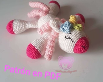 Patrón de crochet o amigurumi.  Patrón descargable.  Patrón en pdf. Amigurumi de Unicornio. Patrón ganchillo.  Unicornio crochet. Español.