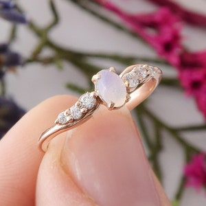 Rose Gold Small Promise Ring for Her, Dainty Engagement Ring, Moonstone Gold Ring, Unique Womens Moonstone Engagement Ring, Art Deco Ring