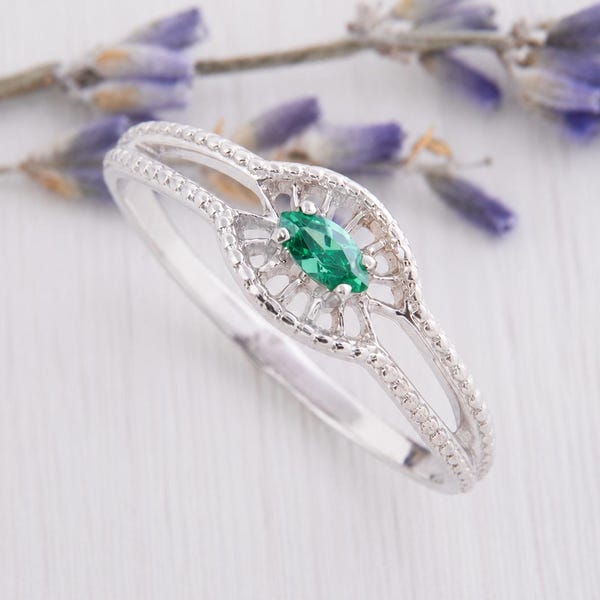 Anillo de compromiso solitario de esmeralda marquesa, anillo de promesa de plata de ley estilo art déco con piedra natal de mayo.