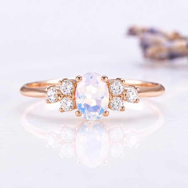 Oval Moonstone Cluster Promise Ring for Her, Rose Gold Romantic June Birthstone Engagement Ring