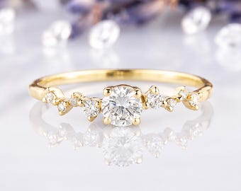 Dainty Yellow Gold CZ Cluster Promise Ring for Her, Minimalist Cubic Zirconia Engagement Ring