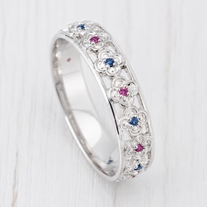 Ehering aus Sterlingsilber mit Saphir und Rubin, farbenfroher floraler Geburtsstein-Stapelring für Damen