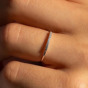 Delicate & elegant sterling silver pave cz stacking ring, Minimalist dainty silver promise ring for her, Simple everyday women silver ring