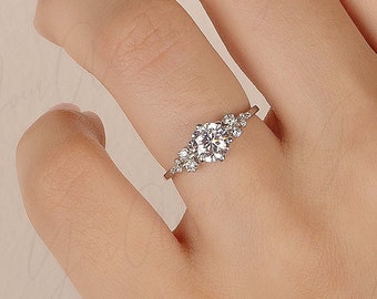 Unique 925 sterling silver 1ct cz cluster engagement ring, Dainty art deco style cluster promise ring for her, Womens cluster wedding ring