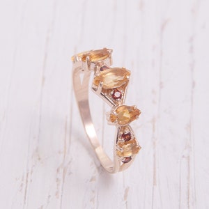 Unique Womens Wedding Band with Citrine and Garnets, Unusual Gold Wedding Band