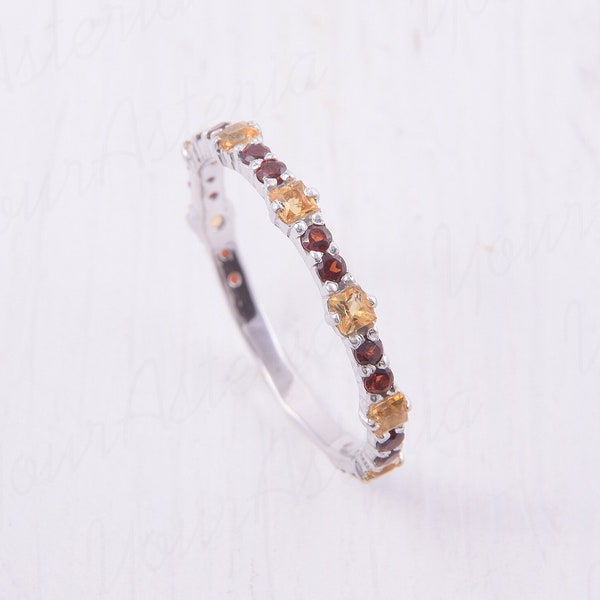Womens Silver Wedding Band, Unique Citrine and Garnet Wedding Band, Dainty Wedding Band, Minimalist Wedding Band, Delicate Wedding Band