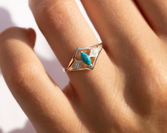 Sierlijke 925 sterling zilveren marquise turquoise belofte ring voor haar, unieke art deco stijl turquoise verlovingsring, vrouwen turquoise ring