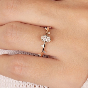 Dainty engagement ring rose gold, Unique small minimalist oval cz engagement ring, Bridal ring gold, Anniversary promise ring gift for her