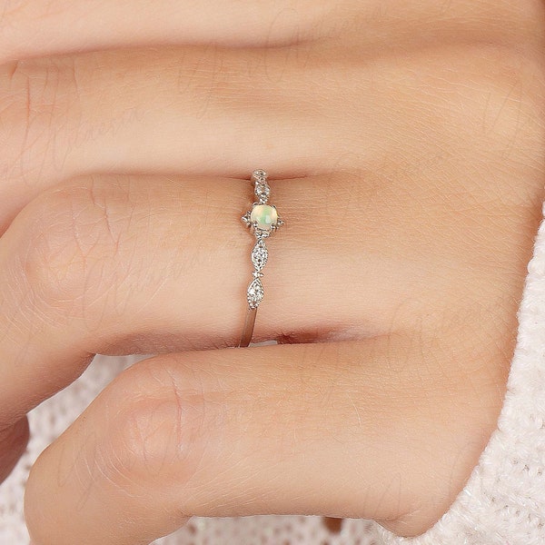 Minimalist opal engagement ring sterling silver, Dainty art deco opal anniversary promise ring, Opal bridal ring silver, Opal wedding ring