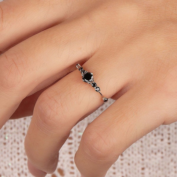 Black stone engagement ring rose gold, Black diamond anniversary promise ring, Black stone bridal ring, Black diamond wedding ring gift