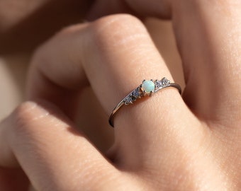 Dainty minimalist white opal womens promise ring in 925 sterling silver, Unique opal engagement ring, Opal wedding ring, Silver opal ring