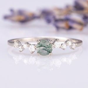 Zierlicher 925 Sterling Silber Moosachat Cluster Versprechensring für Sie, minimalistischer Moosachat Verlobungsring, zarter Mai Geburtsstein Ring