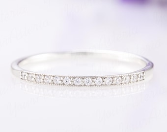 Delicate minimalist sterling silver white cz thin pave stacking ring, Women small & elegant everyday silver ring, Simple gift for her ring