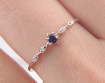 Small & dainty 14k rose gold vintage style blue sapphire promise ring for her, Delicate minimalist womens blue sapphire engagement ring