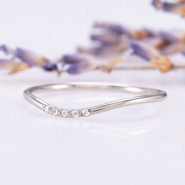 Minimalist delicate wedding band gold, Small dainty 14k white gold stacking wedding band for her, Tiny minimalist curved wedding band women
