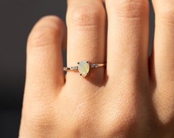 Silver white opal women promise ring, Dainty pear opal engagement ring, Gemstone ring, Anniversary ring, Opal wedding ring,Gift for her ring