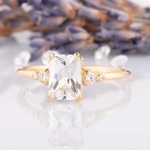 Women 14k gold unique emerald cut cz statement ring, Dainty gold promise ring for her, 3 stone setting engagement ring, Anniversary ring