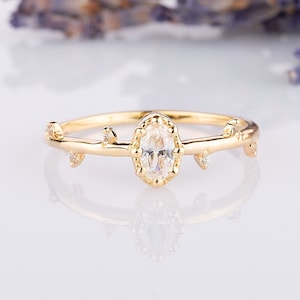 Unique vintage style 14k gold women promise ring, Dainty minimalist oval cz engagement ring, Art deco anniversary bridal ring gift for her