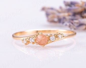 Dainty 14k gold sunstone promise ring for her, Unique natural orange sunstone women engagement ring, Women sunstone ring gold gift for her