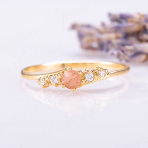 Dainty 14k gold sunstone promise ring for her, Unique natural orange sunstone women engagement ring, Women sunstone ring gold gift for her