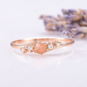 Tiny minimalist 14k rose gold sunstone engagement ring, Unique dainty sunstone promise ring for her, Gemstone ring gold, Women sunstone ring