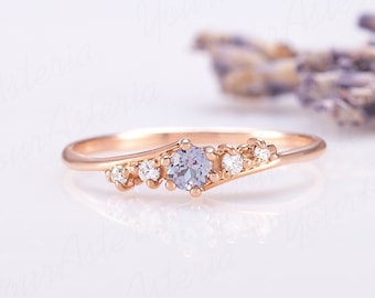 Art deco minimalistische Alexandrite belofte ring voor haar, unieke sierlijke 14k rose gouden Alexandrite verlovingsring, vrouwen Alexandrite ring cadeau