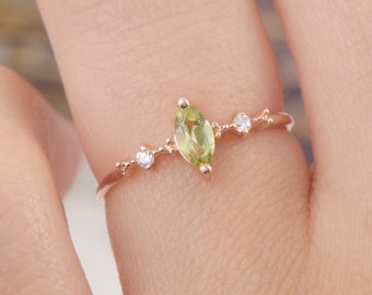 14k Rose Gold Dainty Marquise Peridot Promise Ring for Her
